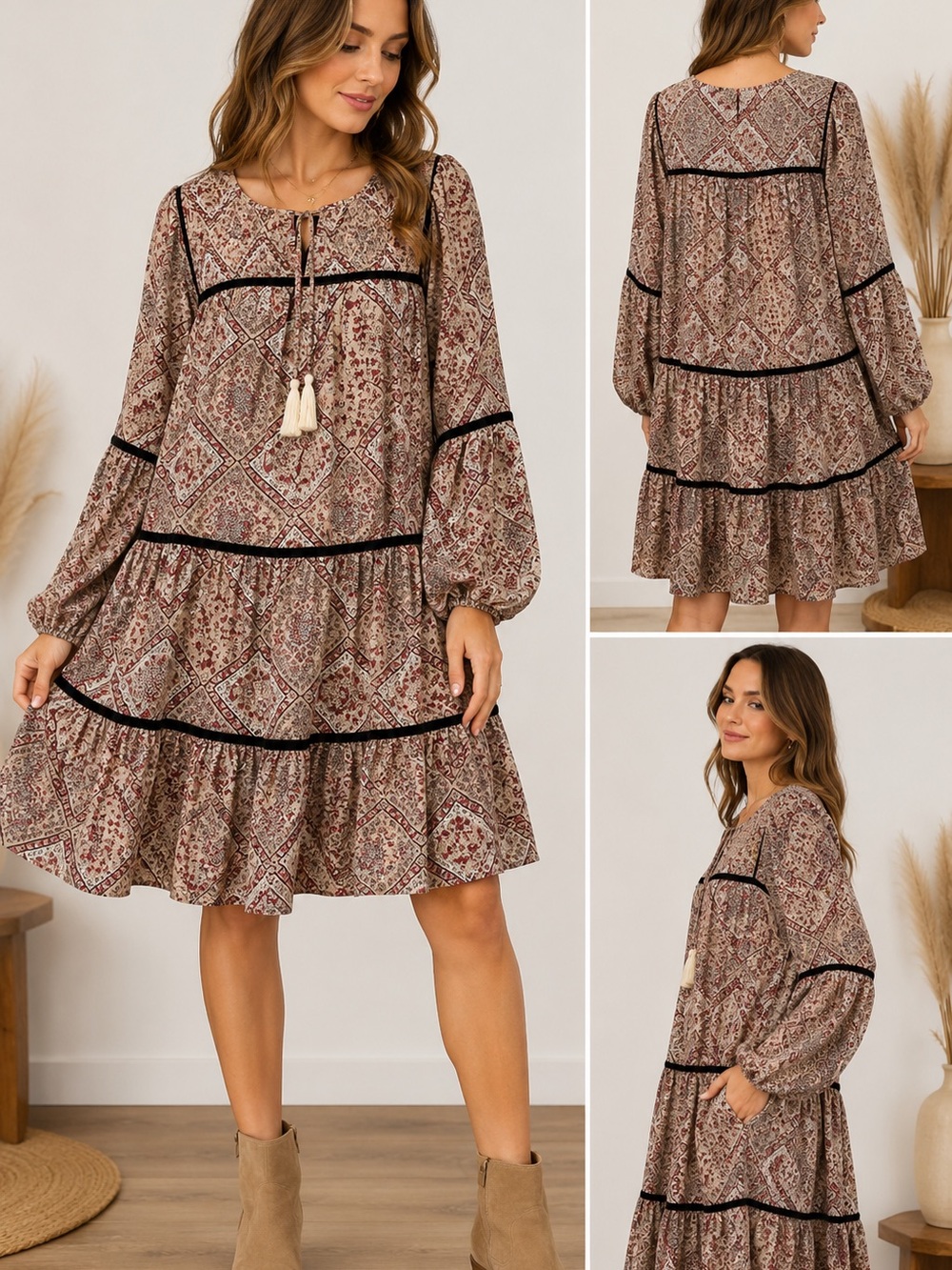 Tiered Long-Sleeve Boho Dress in Mauve Floral Size Large